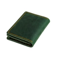 Macro shot of dark green crazy horse leather card holder with yellow stitching - Green