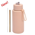 Matte cinnamon pink 1L stainless steel water bottle with straw and cleaning brush set - 1 L / Pop-up Straw Lid / Milky Apricot