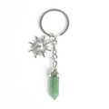 Green crystal hexagonal column keychain with silver sun pendant and metal ring - Green Aventurine