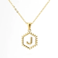 18K gold plated stainless steel necklace with hexagonal shell pendant featuring letter J - With Chain / Gold - Letter J