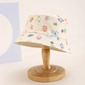 Detail of beige kids bucket hat with colorful embroidered cartoon animals and flowers - Kids One Size / Beige (Colorful Cartoon Print)