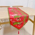 Christmas table runner with festive stocking pattern and red tassel on wooden table - Style T (180x33cm)