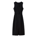 Detail view of black sleeveless dress with button-down front and matching waist belt - S / Black