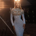 Detail of silver sequin dress with crystal rhinestones on neckline and slim fit silhouette - S / Silver