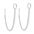 Detail of silver chain earrings with cubic zirconia studs and hanging tassel link - Double Piercing Chain Silver (JQH0393-SS)