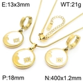 Golden moon and flower jewelry set with white enamel round pendant and earrings - White Enamel Moon Star Style (KS220226-HM)