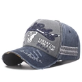 Distressed vintage baseball cap in navy blue and grey denim with 3D embroidery detail - Multi-Color Brim Grey Front Blue Body
