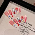 Hand-painted circus clown press-on nails with 3D beads and stripes in long coffin shape - Extra Small XS / Circus Clown Long Waterdrop Style