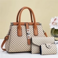 3-piece set of monogram pattern tote bag, envelope clutch, and coin purse in beige leather - Three-Piece Set / Khaki & Mustard Yellow