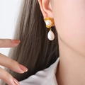 Elegant gold titanium steel earrings with geometric zircon inlay and pearl droplets - F908 Gold Earrings