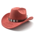 Detail of western fedora hat featuring ethnic leather band with silver metal ornaments - M (56-59cm) / Brick Red Suede