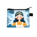 Flat mini canvas coin purse featuring a cartoon girl illustration with blue leaves - 3-Black Hair Girl