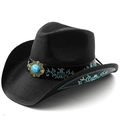 Bohemian black cowboy hat with floral embroidery and turquoise stone on white background - M (56-58cm) / Black