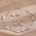 Silver baroque pearl jewelry set featuring necklace and earrings on silk background - Silver Baroque Pearl 3-Piece Set (Necklace+2 Pairs Earrings)