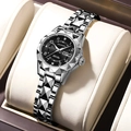 Women's watch with silver diamond-cut case, black dial and double calendar display - Silver Band Black Dial (EU Standard + Butterfly Buckle)