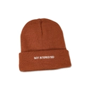 Close-up of caramel brown beanie featuring white Not Interested embroidery on the cuff - M (56-58cm) / Caramel color