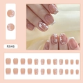Sweet nude pink press-on nails with white French tips and flower patterns, model R846 - R846 Pure Desire Flower