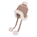 Winter Fair Isle knit trapper hat in brown with white faux fur lining and plush pom-poms - Plush Ear Flap Pom-pom Style / Khaki