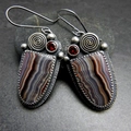 Vintage bohemian drop earrings featuring striped agate stones in oxidized silver setting - S124 Distressed Agate