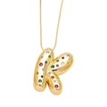 Gold bubble letter K necklace featuring colorful zircon stones on a dainty chain - Style K
