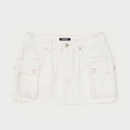 Macro detail of white denim utility skirt featuring large cargo pockets and branded metal buttons - White / XS