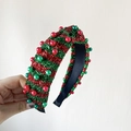 Christmas headband with red and green sequins and faux pearls on a fabric band - Metallic Wire Green