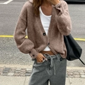 Gilet en maille marron pour femme avec fermeture à boutons et manches bouffantes élégantes - S / Hauts / Kaki
