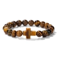 Brown tiger eye natural stone beaded bracelet featuring a vintage cross charm pendant - Tiger Eye Stone Bracelet
