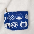 Mini navy blue Japanese fabric coin purse with white cat patterns and metal zipper - Blue Sketch Cat