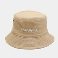 Close-up of khaki cotton bucket hat featuring white Traveller's embroidery and air vents - M (56-58cm) / Khaki