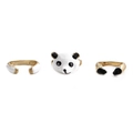 Three-piece panda ring set with black and white drip glaze in gold-plated finish - Adjustable Open / Panda Head And Paws Ring Set (CR0328DX)