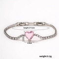 Detail view of pink heart zircon bracelet with silver chain and measurement specs - Heart Pink Zircon (B00658-2)
