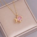 Cute 18K gold fish pendant necklace with a round pink zircon on a beige jewelry cushion - 1# Pink Goldfish (Large) / Gold/Pink
