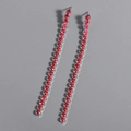 Silver drop earrings with long linear tassels and red cubic zirconia crystals - 8*0.3cm / Silver Red Zirconia