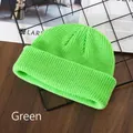 Neon green ribbed knit beanie hat for winter warmth with wide folded brim style - Green