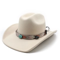 Beigefarbener Western-Cowboyhut aus Wollfilz mit Ethno-Webband und Türkis-Details - M (56-58cm) / Beige