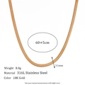 18K gold plated stainless steel snake bone chain necklace, 3.1mm width and 65cm length - 3mm Wide Blade Chain Necklace-Gold 60cm+5cm
