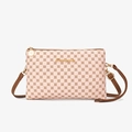 Pink crossbody phone bag with brown circle print and dual golden zippers for women - Pink
