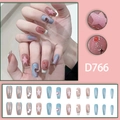 Pink and blue gradient star coffin press-on nails with 3D heart rhinestones - D766 Glue Style (D766)