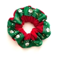 Christmas velvet hair scrunchie with green ribbon and Santa Claus patterns - Red Scrunchie with Green Ribbon