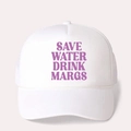 Cappello trucker bianco con stampa SAVE WATER DRINK MARGS viola e rete traspirante - Bianco con logo viola