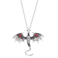 Silver flying dragon necklace pendant with red gems and enamel details on white background - Antique Silver Grey