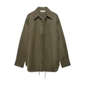 Olive green long sleeve V-neck blouse with metallic eyelets and lace-up front detail - XS / Army Green