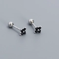 S925 sterling silver four-leaf clover stud earring with black stone and screw back ball - Platinum Plated - Black Zircon