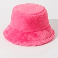 Close-up detail of soft fuzzy texture on pink plush winter bucket hat for women - One Size / Rose Red