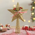 Golden hollow iron Christmas tree topper star with red berries and striped ribbon bow - Christmas Tree Topper Star Style / 27*18cm / Gold