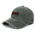 Close-up of distressed vintage baseball cap with 3D embroidery and frayed edge detail - Adjustable / Army Green