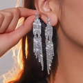 Sparkling silver rhinestone tassel drop earrings with zircon micro-paving for women - Silver Thin Tassel (DTE1617008S)