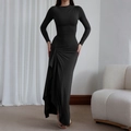 Chic black Y2K slim fit long dress with turtleneck and irregular ruched detail - S / Black