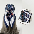 Navy blue and white floral satin scarf with butterfly print worn as a chic headscarf - L7344-Navy Blue
